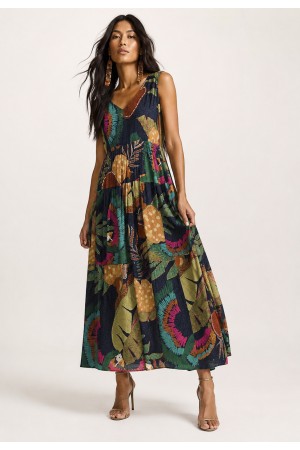 Vestido Regata Longo Peri Viscose Camadas Estampa Caju da Mata