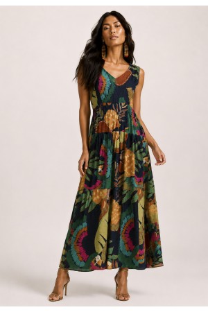Vestido Regata Longo Peri Viscose Camadas Estampa Caju da Mata