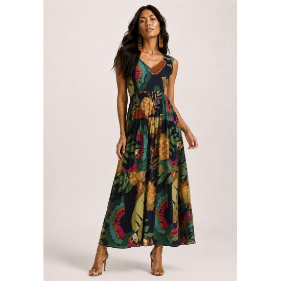 Vestido Regata Longo Peri Viscose Camadas Estampa Caju da Mata
