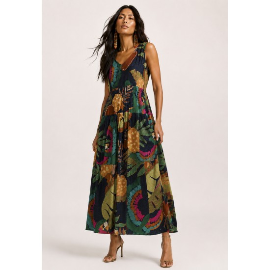 Vestido Regata Longo Peri Viscose Camadas Estampa Caju da Mata