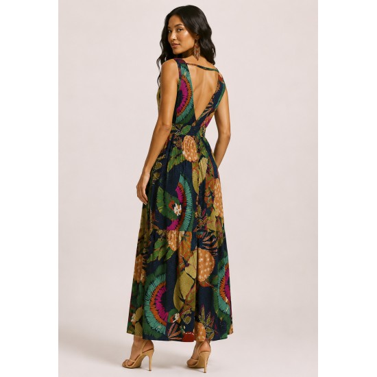 Vestido Regata Longo Peri Viscose Camadas Estampa Caju da Mata