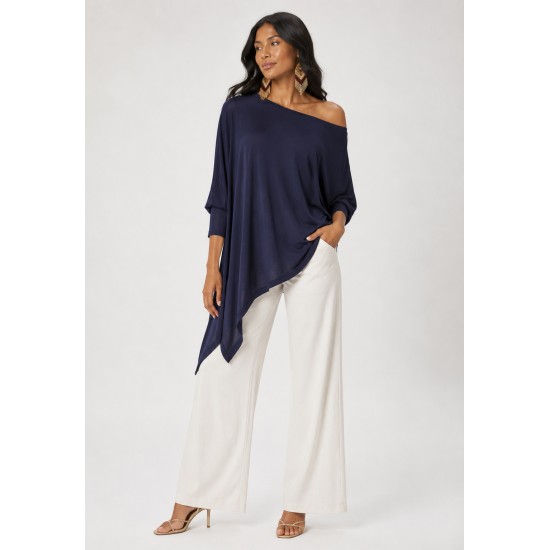 Blusa Ererê Malha Assimétrica Manga Longa Azul Marinho
