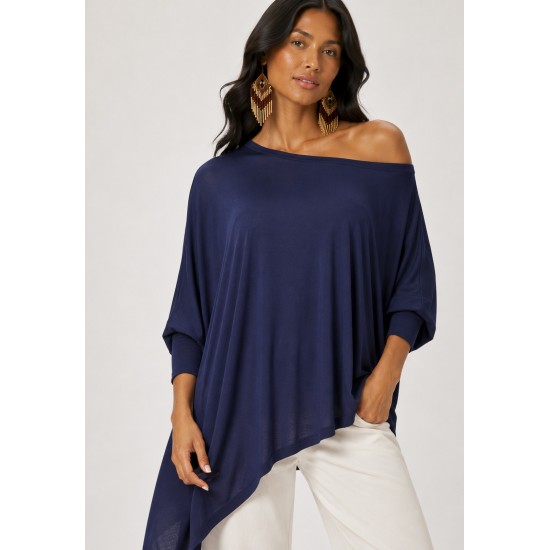 Blusa Ererê Malha Assimétrica Manga Longa Azul Marinho