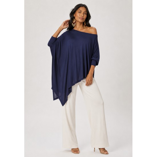 Blusa Ererê Malha Assimétrica Manga Longa Azul Marinho