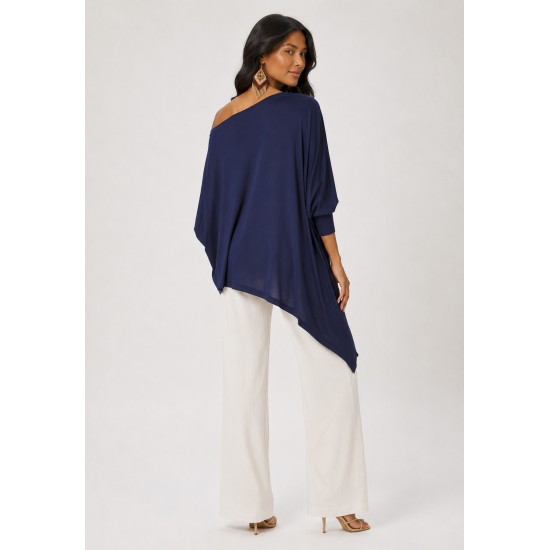 Blusa Ererê Malha Assimétrica Manga Longa Azul Marinho