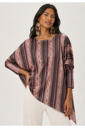 Blusa Ererê Malha de Suede Assimétrica Manga Longa Estampa Trama Ancestral
