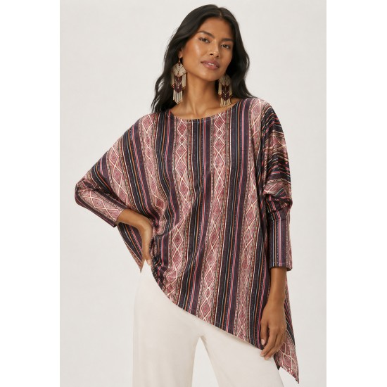 Blusa Ererê Malha de Suede Assimétrica Manga Longa Estampa Trama Ancestral