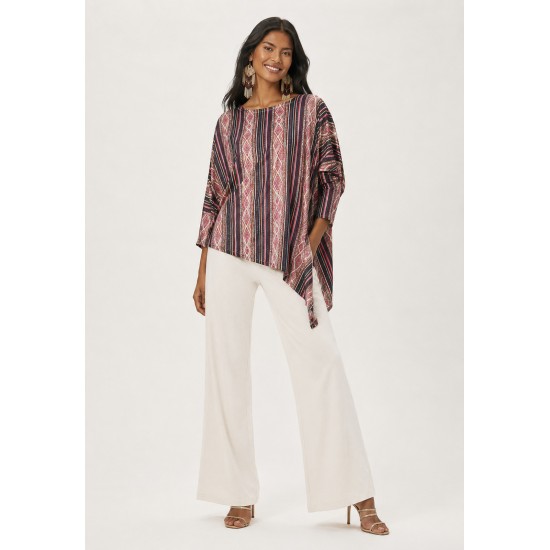 Blusa Ererê Malha de Suede Assimétrica Manga Longa Estampa Trama Ancestral