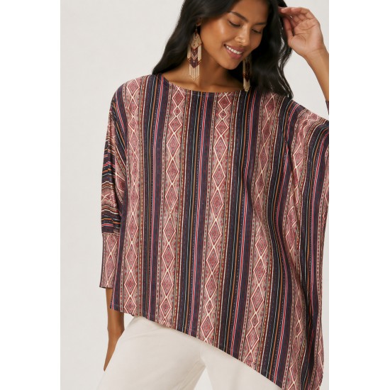Blusa Ererê Malha de Suede Assimétrica Manga Longa Estampa Trama Ancestral