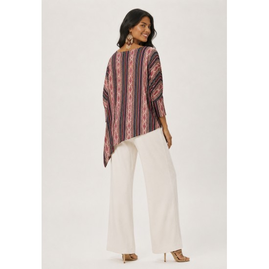 Blusa Ererê Malha de Suede Assimétrica Manga Longa Estampa Trama Ancestral