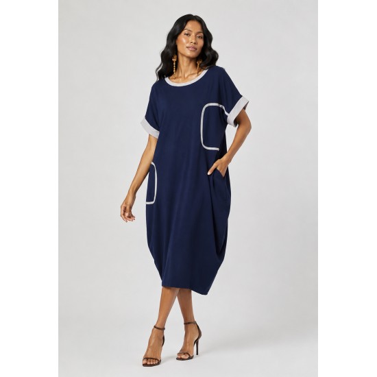 Vestido Midi Tribalê Malha Plus Bicolor Azul Marinho Noturno