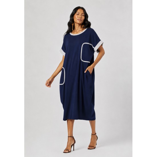 Vestido Midi Tribalê Malha Plus Bicolor Azul Marinho Noturno