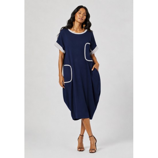 Vestido Midi Tribalê Malha Plus Bicolor Azul Marinho Noturno