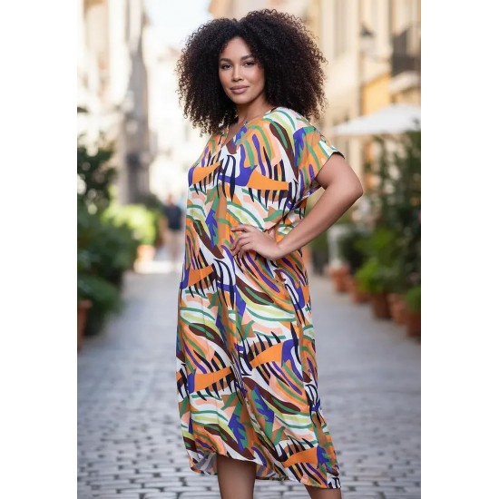 Vestido Midi Plano Estampa Cores Vibrantes