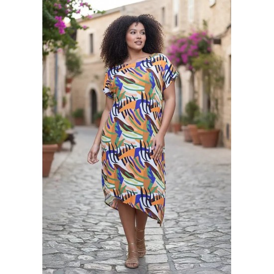 Vestido Midi Plano Estampa Cores Vibrantes