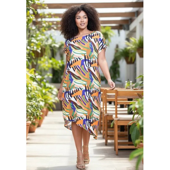 Vestido Midi Plano Estampa Cores Vibrantes