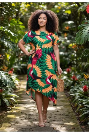 Vestido Midi Plano Estampa Festa dos Tucanos