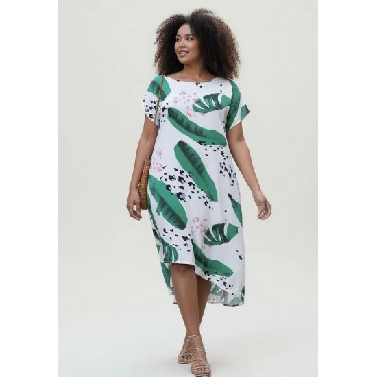Vestido Midi Plano Estampa Folhagem Poética