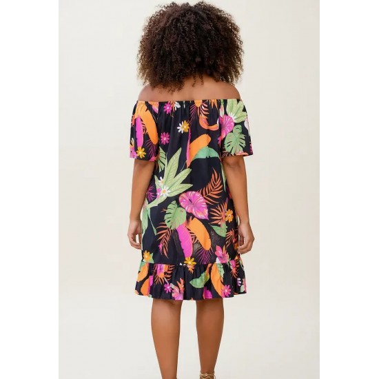 Vestido Curto Mullet Ombro a Ombro Estampa Noite Botânica