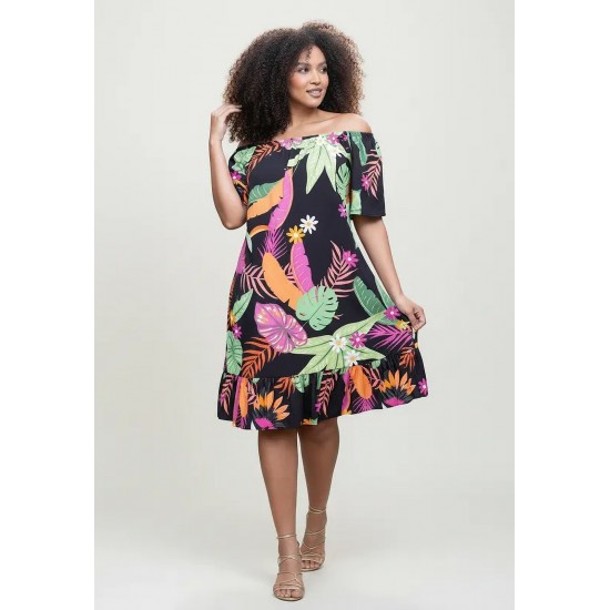 Vestido Curto Mullet Ombro a Ombro Estampa Noite Botânica