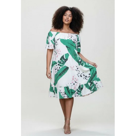 Vestido Curto Mullet Ombro a Ombro Estampa Folhagem Poética