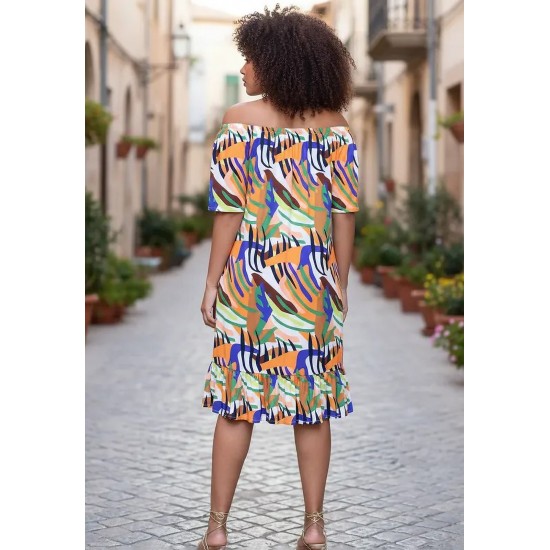 Vestido Curto Mullet Ombro a Ombro Estampa Cores Vibrantes