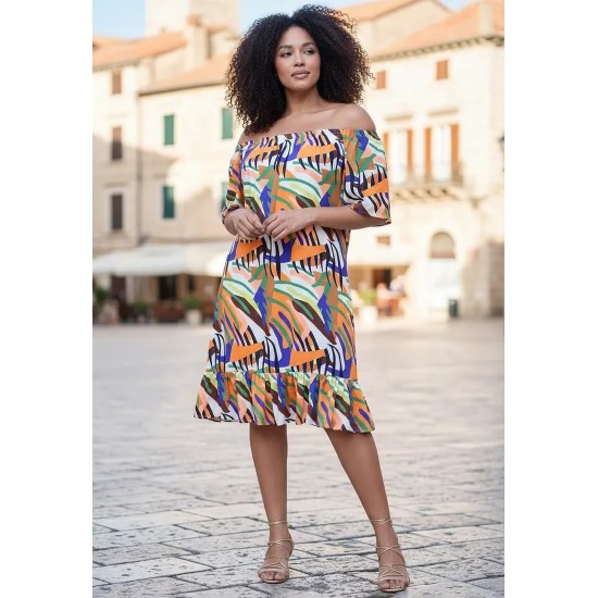Vestido Curto Mullet Ombro a Ombro Estampa Cores Vibrantes