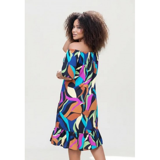 Vestido Curto Mullet Ombro a Ombro Estampa Aurora Urbana