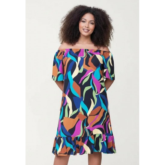Vestido Curto Mullet Ombro a Ombro Estampa Aurora Urbana