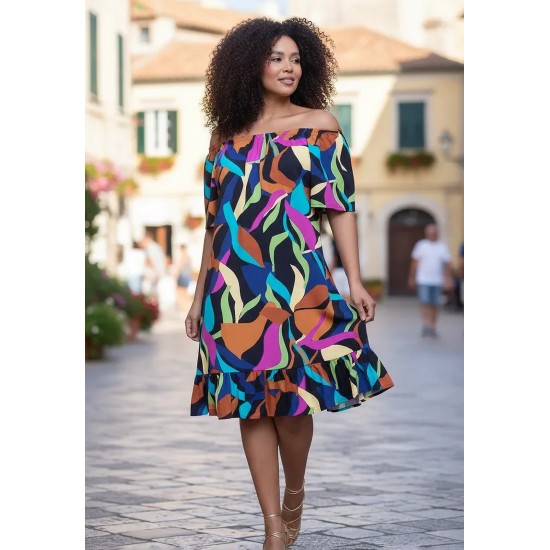 Vestido Curto Mullet Ombro a Ombro Estampa Aurora Urbana