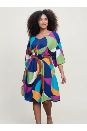 Vestido Curto Caaxixá Viscose com Cordão na Cintura Estampa Jardim Azul