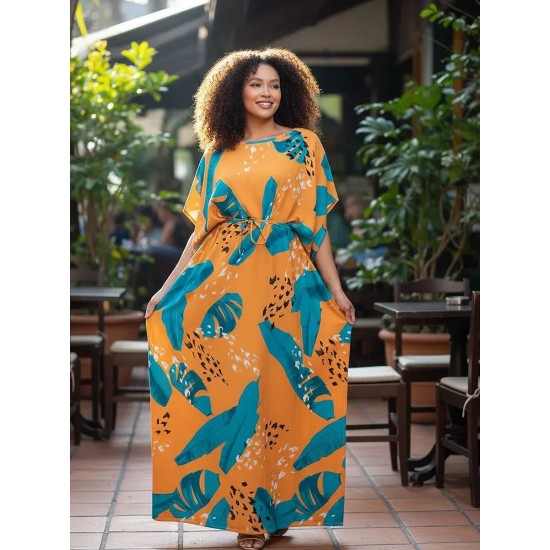 Vestido Kaftan Viscose Longo Estampa Aurora Botânica