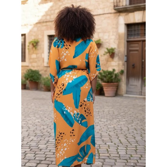 Vestido Kaftan Viscose Longo Estampa Aurora Botânica