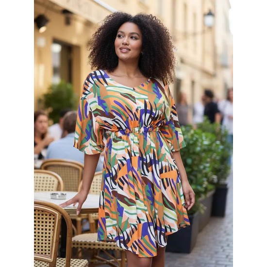 Vestido Curto Caaxixá Viscose com Cordão na Cintura Estampa Cores Vibrantes