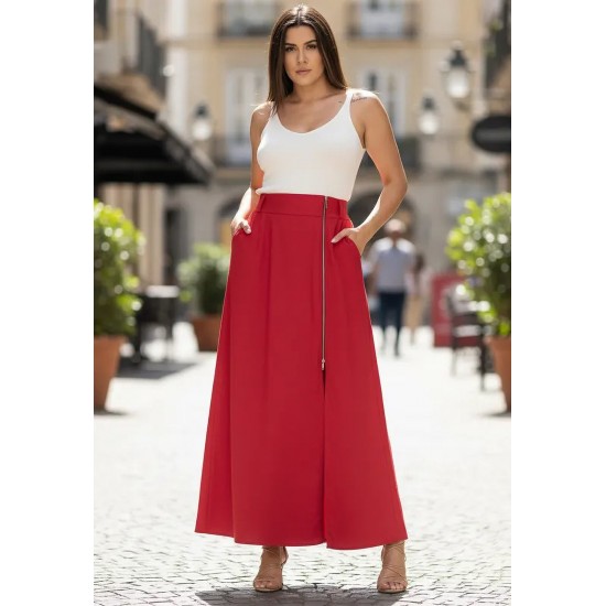 Saia Midi com Zíper Vermelho Vivo