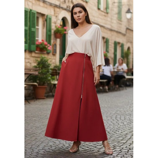 Saia Midi com Zíper Vermelho Telha