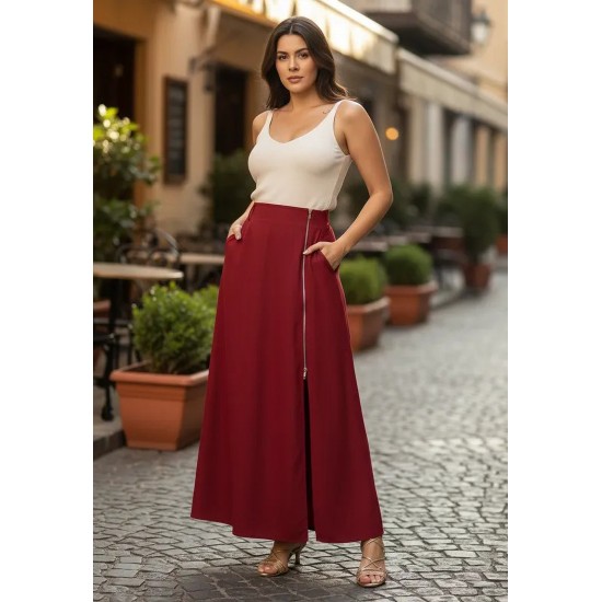 Saia Midi com Zíper Bordô