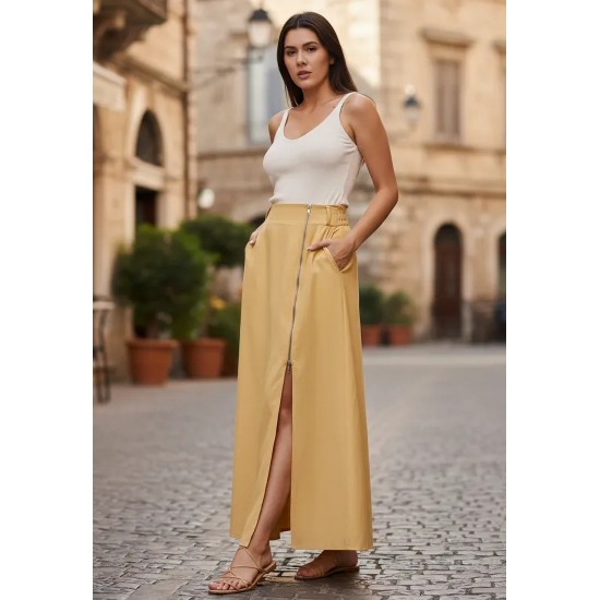 Saia Midi com Zíper Amarelo Dijon