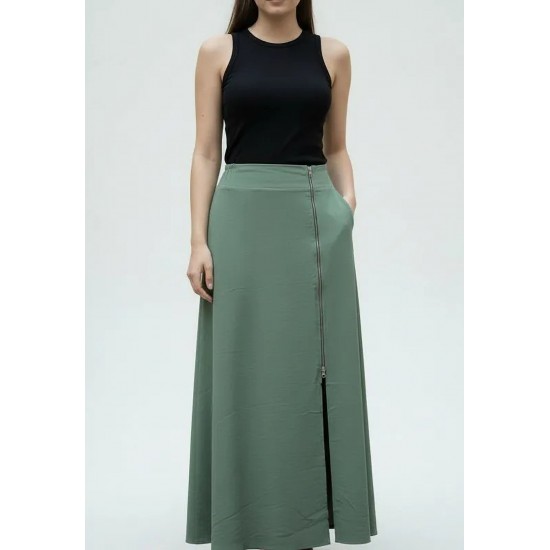 Saia Midi com Zíper Verde Musgo