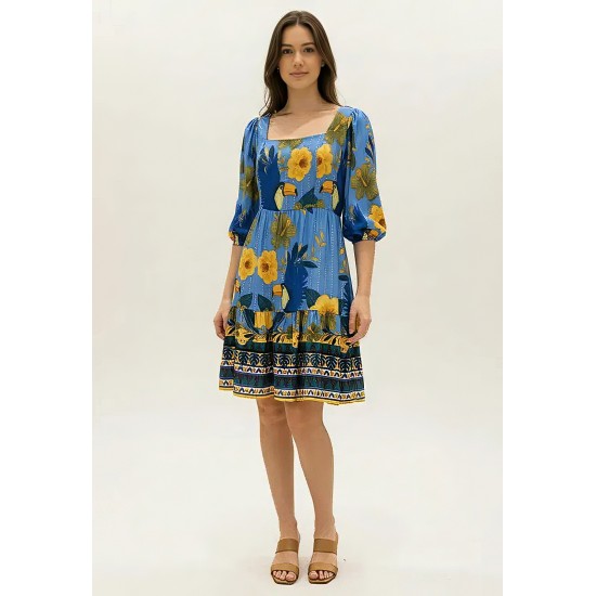 Vestido Curto Manga 3/4 Estampa Aves em Festa