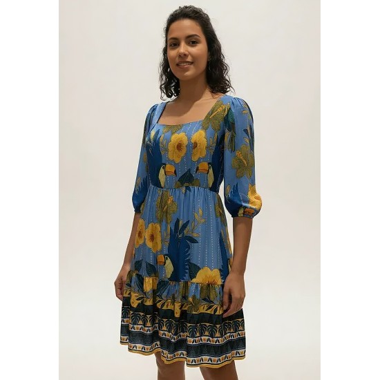 Vestido Curto Manga 3/4 Estampa Aves em Festa