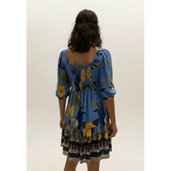 Vestido Curto Manga 3/4 Estampa Aves em Festa