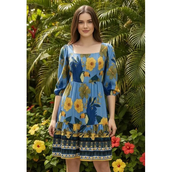 Vestido Curto Manga 3/4 Estampa Aves em Festa