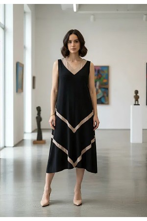 Vestido Serena Regata Malha Midi Plus Preto e Ocre