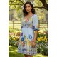 Vestido Curto Manga 3/4 Estampa Jardim Azul