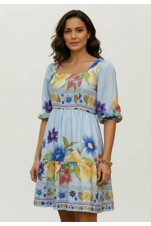 Vestido Curto Manga 3/4 Estampa Jardim Azul