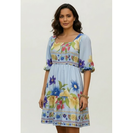 Vestido Curto Manga 3/4 Estampa Jardim Azul