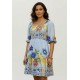 Vestido Curto Manga 3/4 Estampa Jardim Azul