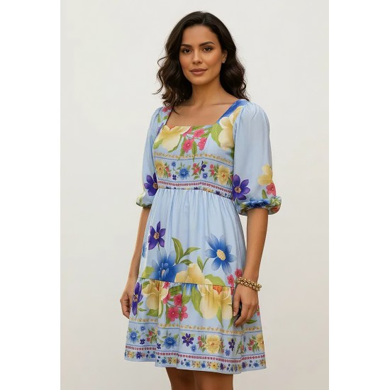 Vestido Curto Manga 3/4 Estampa Jardim Azul