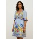 Vestido Curto Manga 3/4 Estampa Jardim Azul